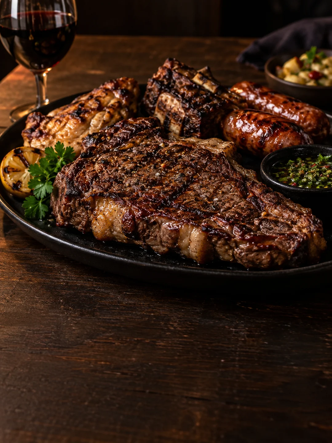 an Argentine parrillada centered on a grilled steak