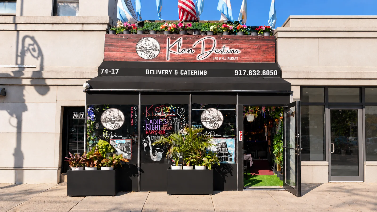 Edited exterior view of Klan Destino, with its sign and open entrance on Metropolitan Avenue